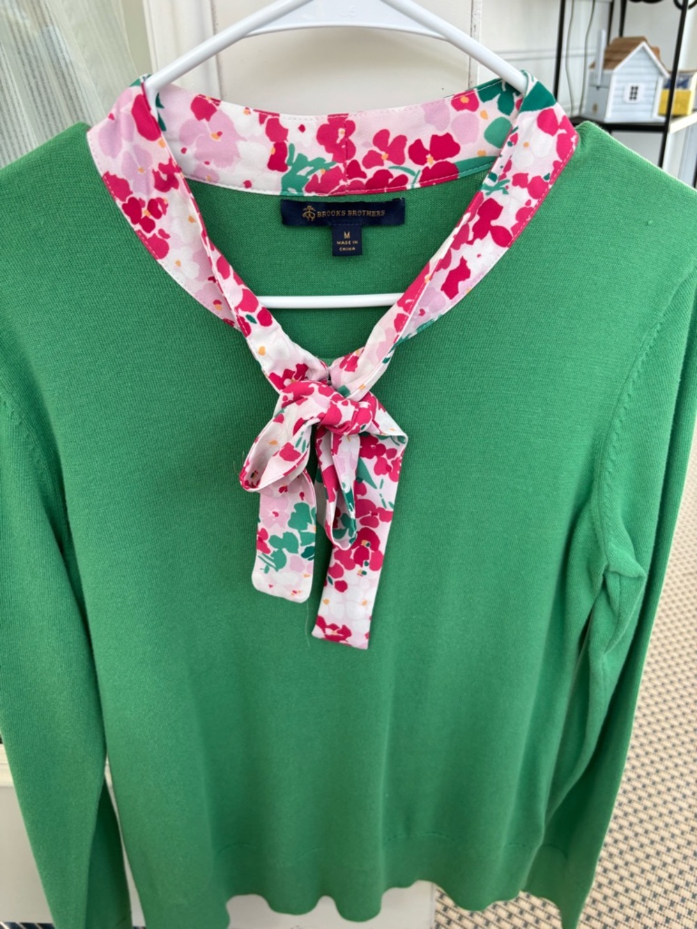 Brooks Brothers Green Knit Top with Pink Floral Neck Tie
